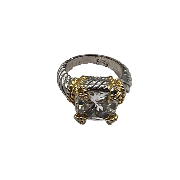 2 Tone Sterling Silver Cable Ring with CZ and Gold Tone Heart Stations Size 6 - Picture 2 of 5